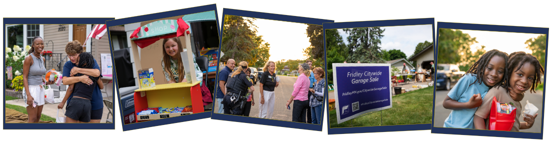 five images: adult and kids hugging, kid at lemonade stand, group of people talking at night to unite, garage sale sign, two kids hugging