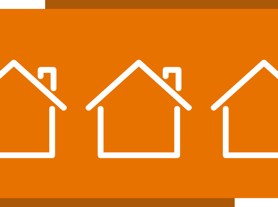Graphic of three houses on an orange background
