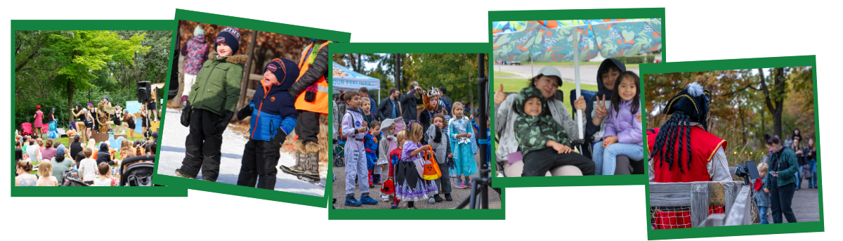 5 way split image: 1: people watching summer concert, 2: kids smiling at winterfest, 3) group of kids posing at Pumpkin Night, 4: family watching parade under umbrella, 5: people walking up to costumed pirate at Pumpkin Night