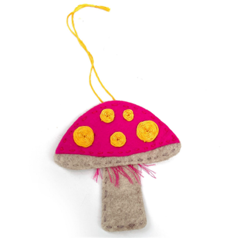 felt mushroom ornament with polka dots