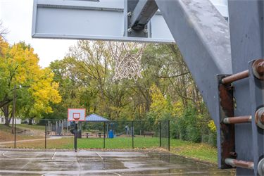 A basketball court with two hoops