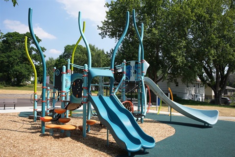 An intricate playground with slides and steps