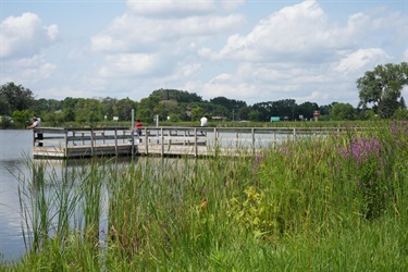 A fishing pier on a lake with several people fishing