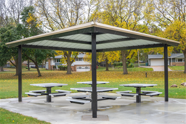 A picnic shelter covering some picnic tables