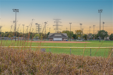 Ballfields surrounding a park building
