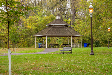 A park shelter with picnic benches underneath