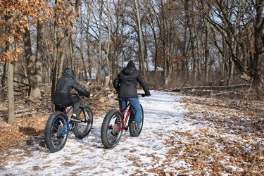 two people riding fat tire bikes on a nature trail