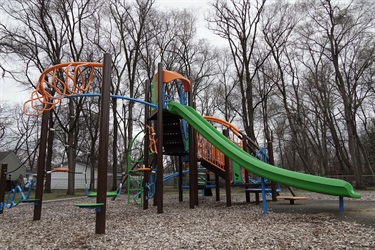 A playground set with climbing bars and a slide