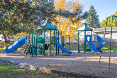 A swing set next to a playground set