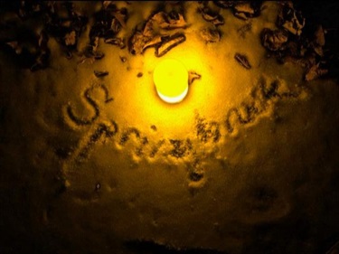 A glowing lantern in the snow with Springbrook written in the snow