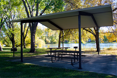 A picnic shelter overlooking a lake